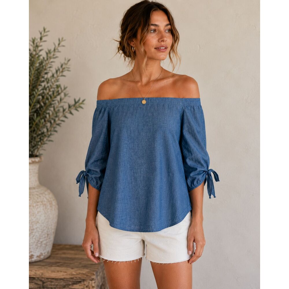 Free People Sia Chambray Off Shoulder Peasant Top Blue Linen Blend Size S
